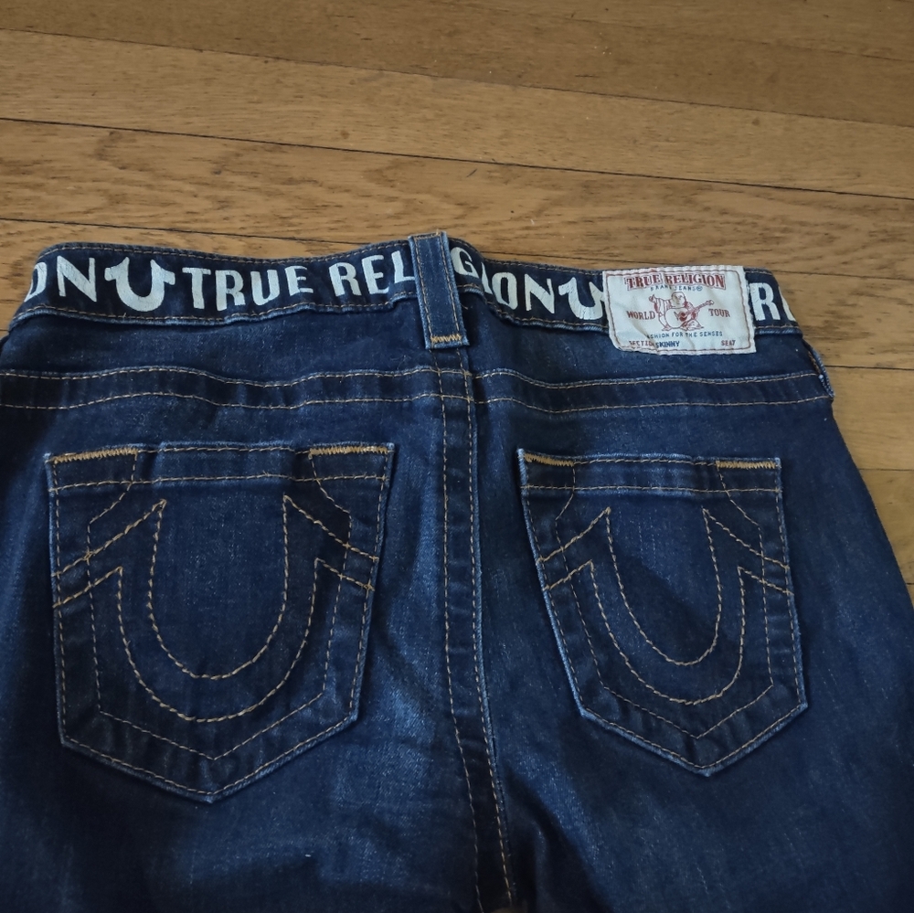 True Religion World Tour Skinny Jeans Size 28 Dark Wash Spell Out Waistband Y2K